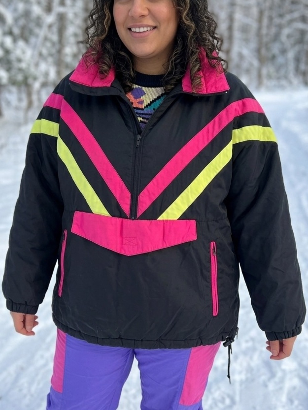 Vintage 1990s Neon Ski Jacket Thinsulate Pullover Black Pink Lime Retro